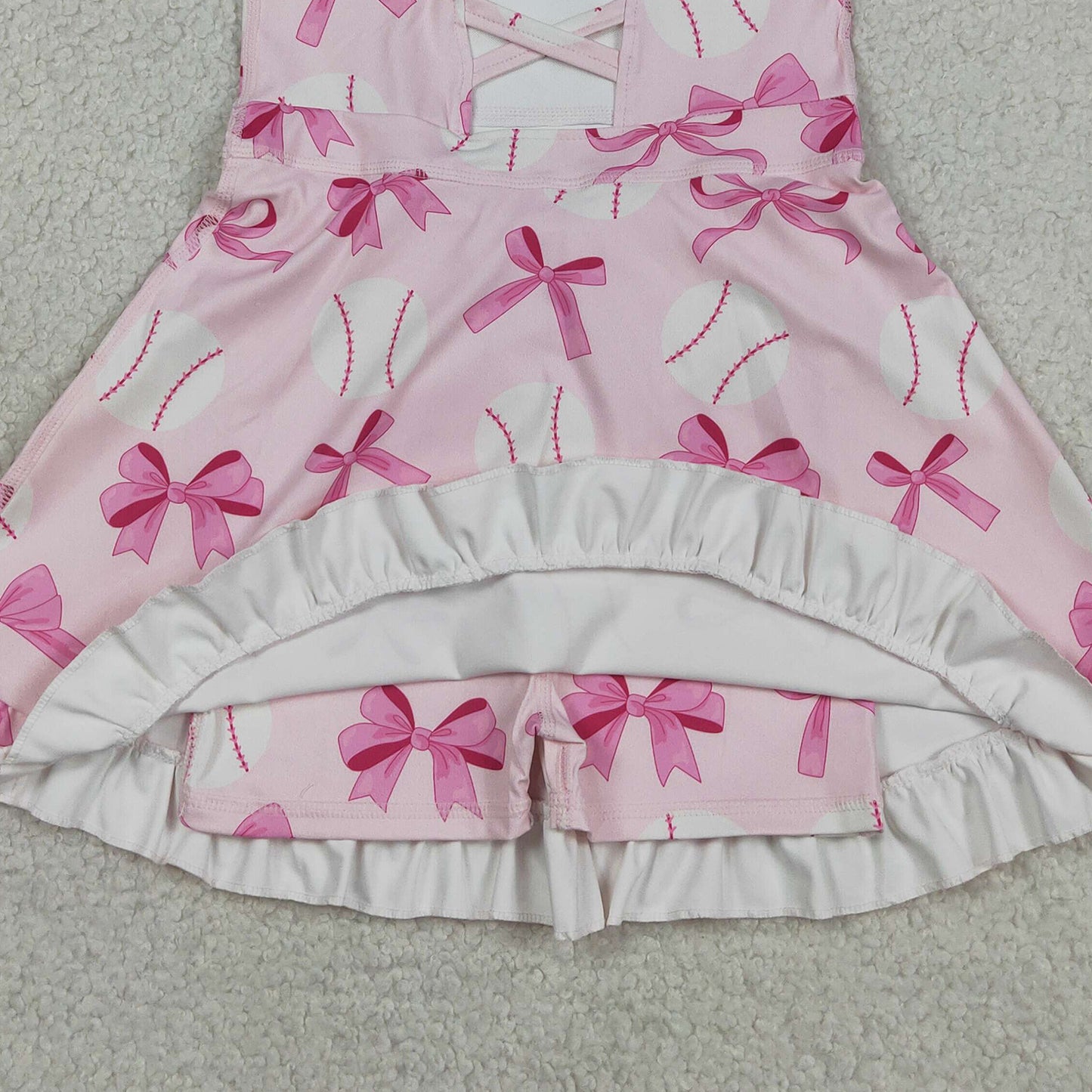 RTS NO MOQ GSD2567 Baby Girls Baseball Print Pink Strap Bow Casual Yoga Dresses