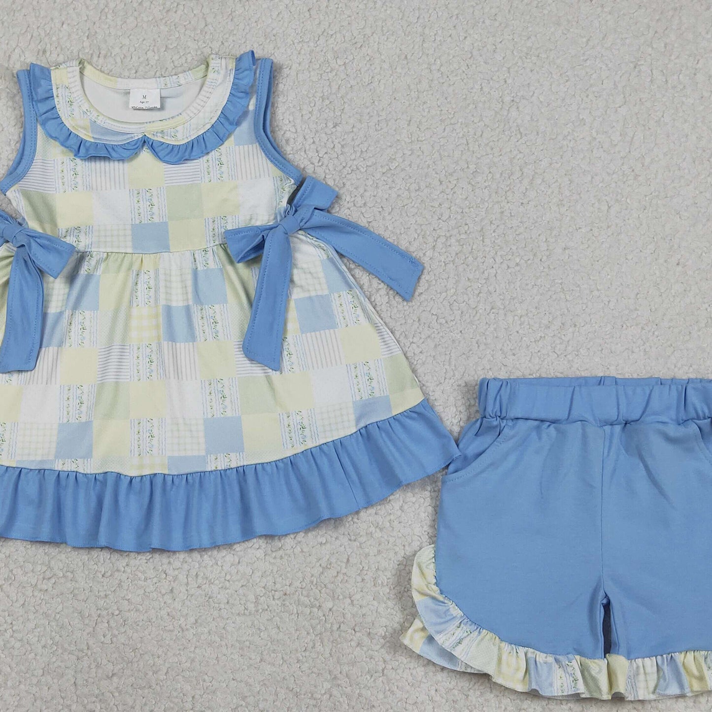 RTS NO MOQ milk silk GSSO3439 Baby Girls Checked Collar Floral Print Tunic Pockets Ruffle Shorts Set