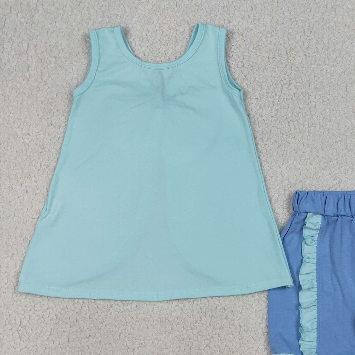 RTS NO MOQ GSSO3463 Baby Girls Blue Sleeveless Tunic with Back Bows Ruffle Shorts Outfit Set for Infants