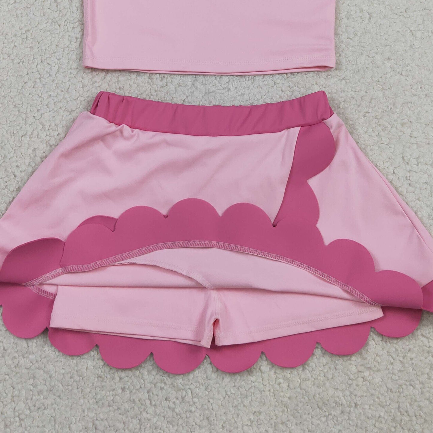 RTS NO MOQ yoga fabric cotton GSD4019 Baby Girls Cute Pink Sleeveless Vest Scallop Skirt Active Set