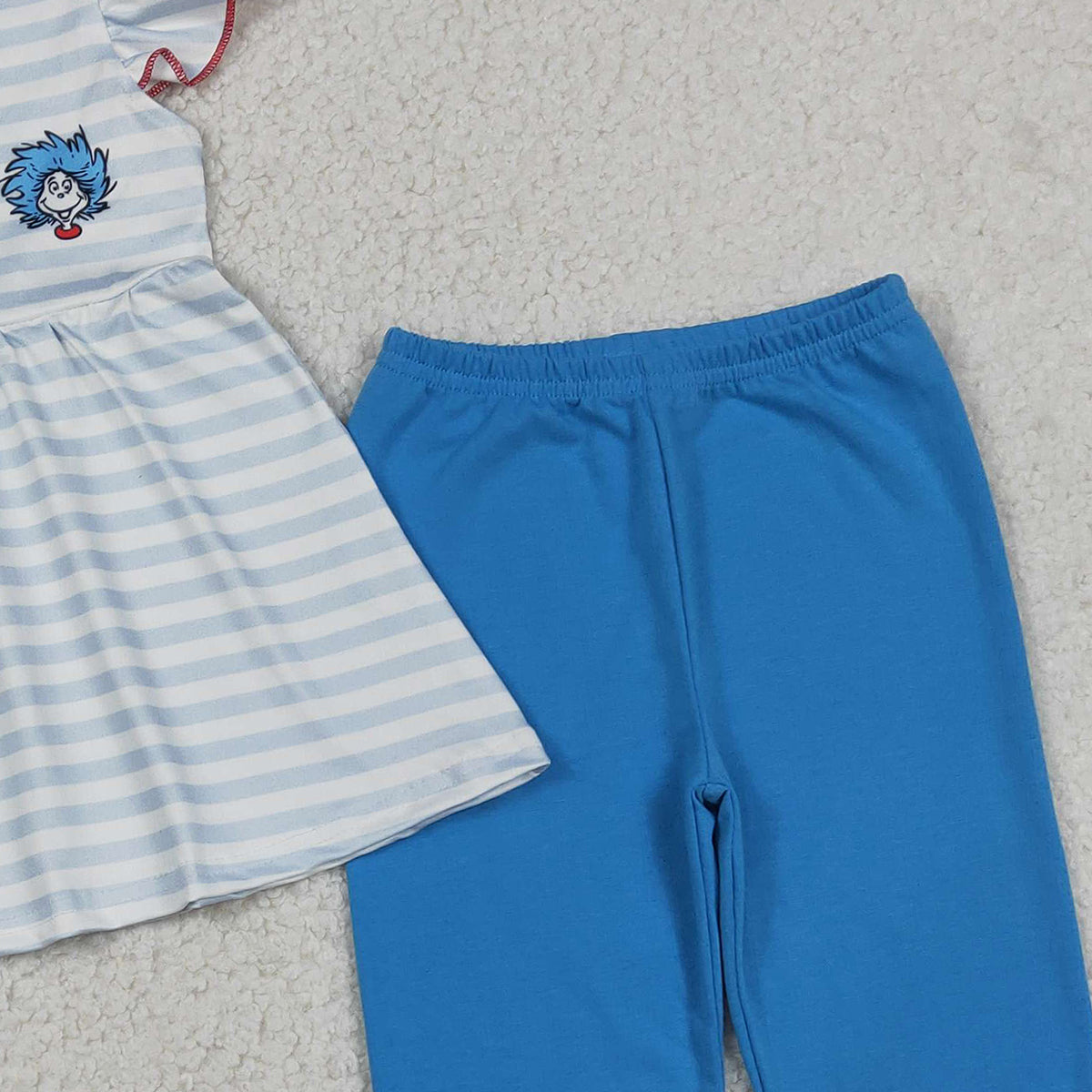 RTS NO MOQ GSPO2136 Baby Girls Blue Stripe Tunic Ruffle Pants Outfit Set Baby Clothing Set for Girls