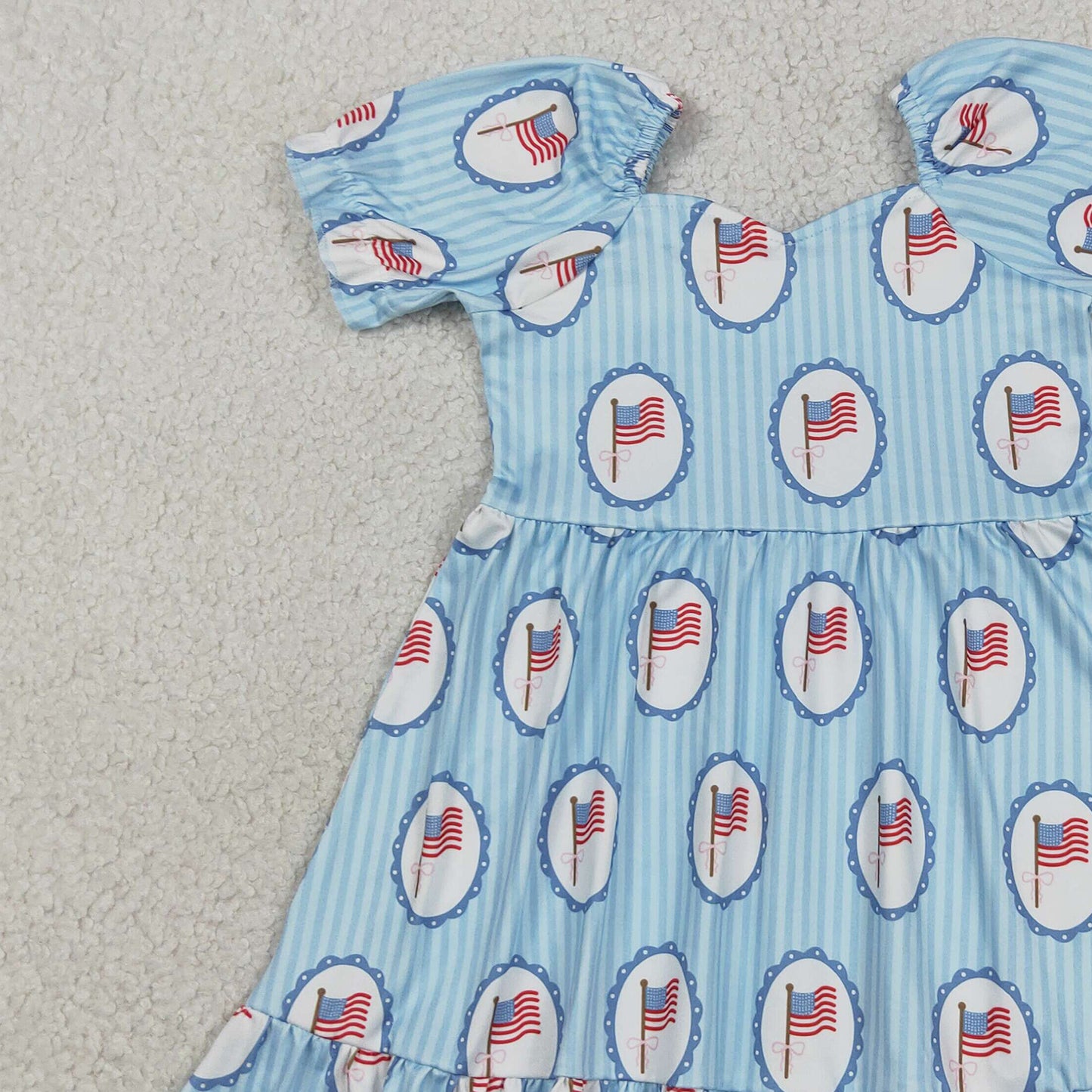 RTS NO MOQ milk silk GSD3792 Baby Girls Cute Blue Stripe Bow Flags 4th of July Knee Length Dresses