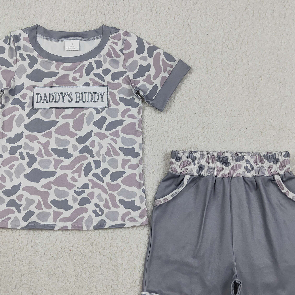 RTS NO MOQ BSSO1838 Baby Boys Light Grey Camo Embroidery Daddy's Buddy Top Pockets Shorts Set