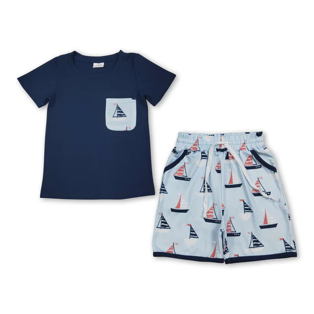 RTS NO MOQ Sibling Baby Boys Navy Short Sleeve Shirt Top Boats Pockets Shorts Clothes Sets Preorder