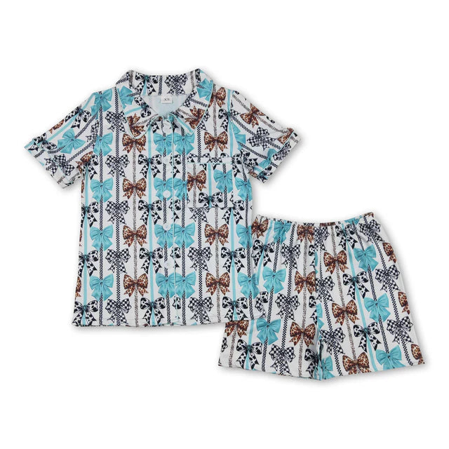 RTS NO MOQ Sibling Adult Women Colorful Bows Lapel Buttons Tops Shorts Pajamas
