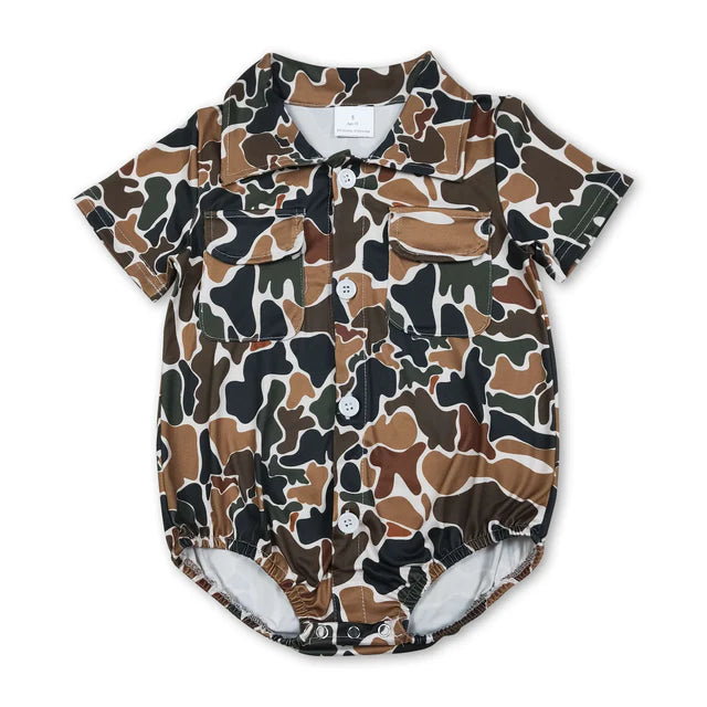 RTS NO MOQ Sibling Baby Boys Southern Orange Camo Button Pockets Rompers