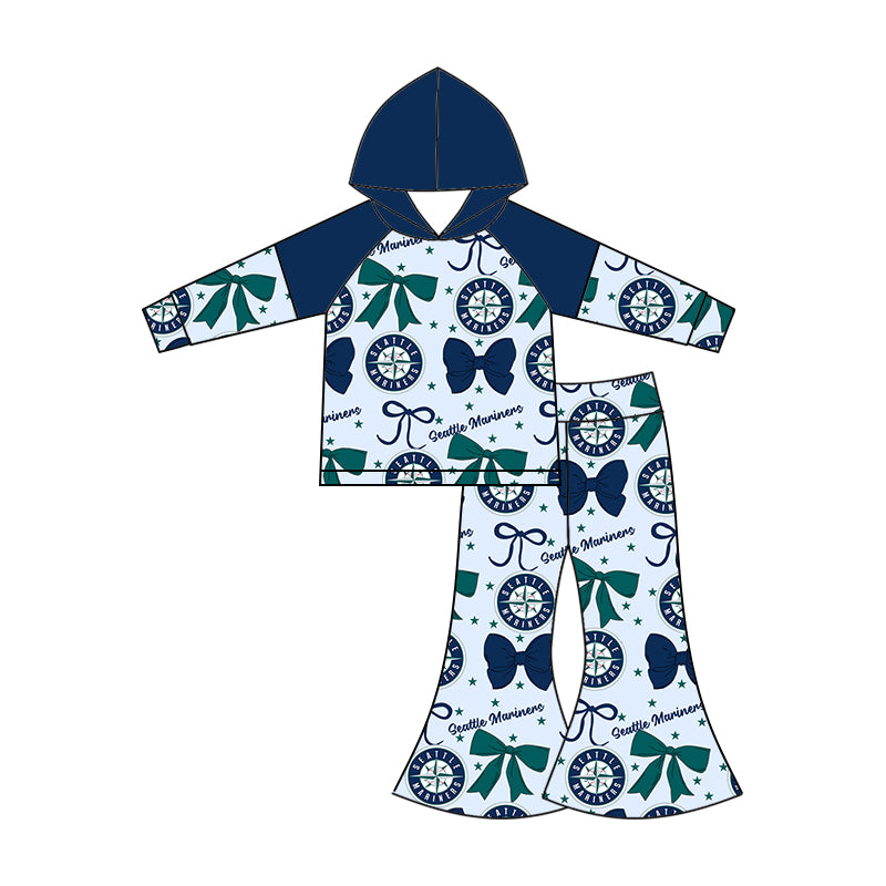 Custom moq 5 mix size milk silk summer teams baby girls clothes team bow blue long sleeve hooded pants sets and dress 1 and dress 2 and top-25.6.17
