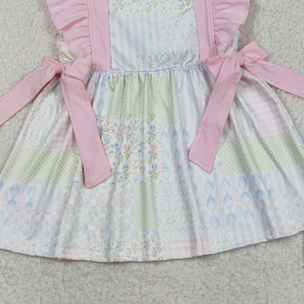 RTS NO MOQ GSSO2951 Baby Girls Plaid Tunic with Ruffle Shorts Outfit Set Bow Detail Floral Print Clothing Set for Infants