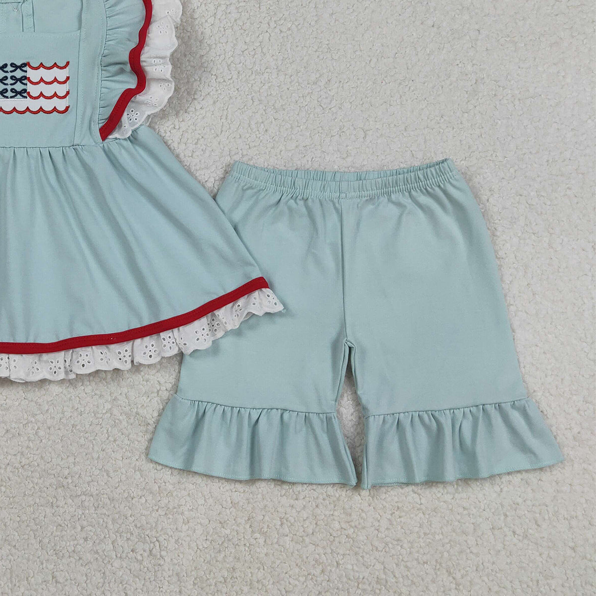 RTS NO MOQ GSSO2926 Embroidered Baby Girls' 4th of July Outfit Set with Flutter Sleeve Tunic And Ruffle Shorts