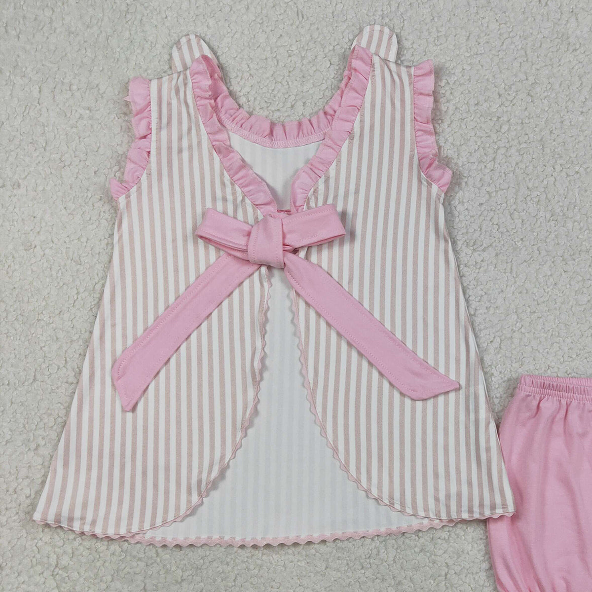 RTS NO MOQ GSSO2924 Baby Girls Easter Outfit Embroidered Rabbits Tunic with Back Bows Stripe Ruffle Shorts Set