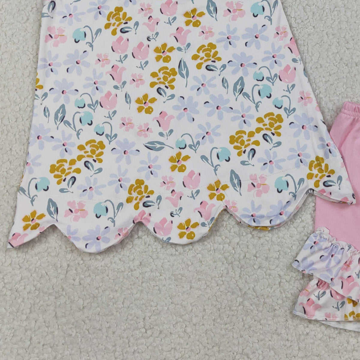 RTS NO MOQ GSSO3392 Baby Girls Flowers Scallop Tunic Ruffle Shorts Outfit Set Cute Baby Girl Clothing Set