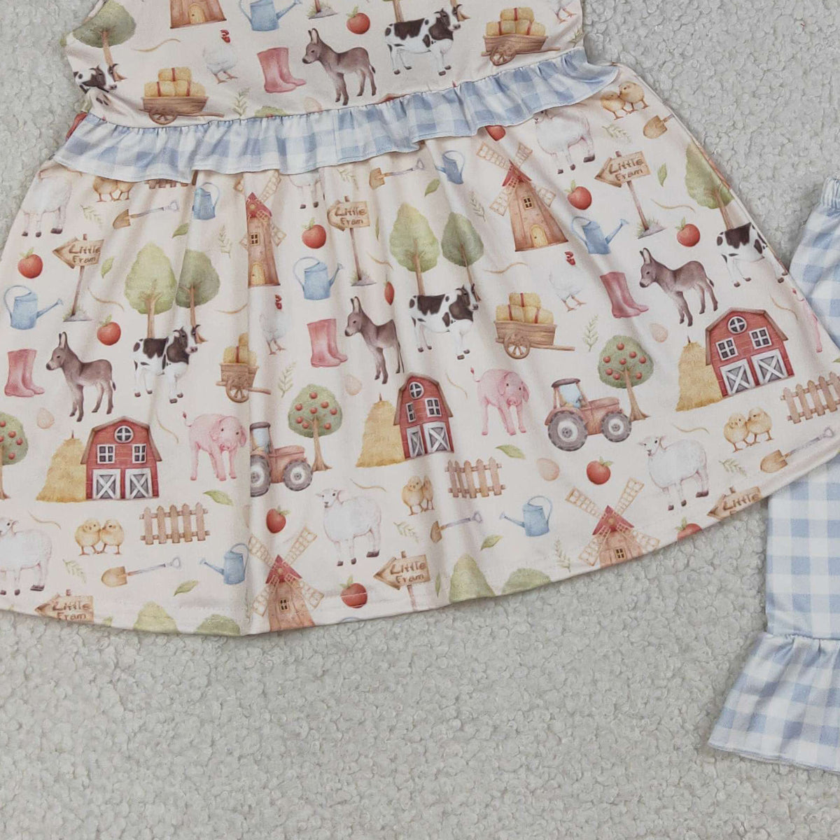 RTS NO MOQ GSSO3077 Baby Girls Farm Animal Print Sleeveless Tunic with Ruffle Checked Shorts Set Cute Pig Cow Outfit for Little Ones