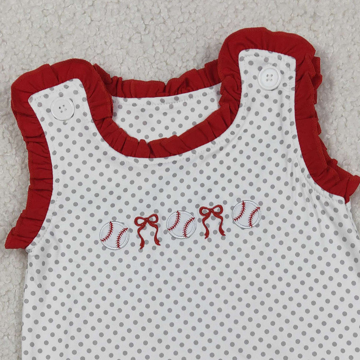 RTS NO MOQ SR3581 Baby Girls Polka Dots Team Ruffle Rompers with Embroidery Bows And Baseballs