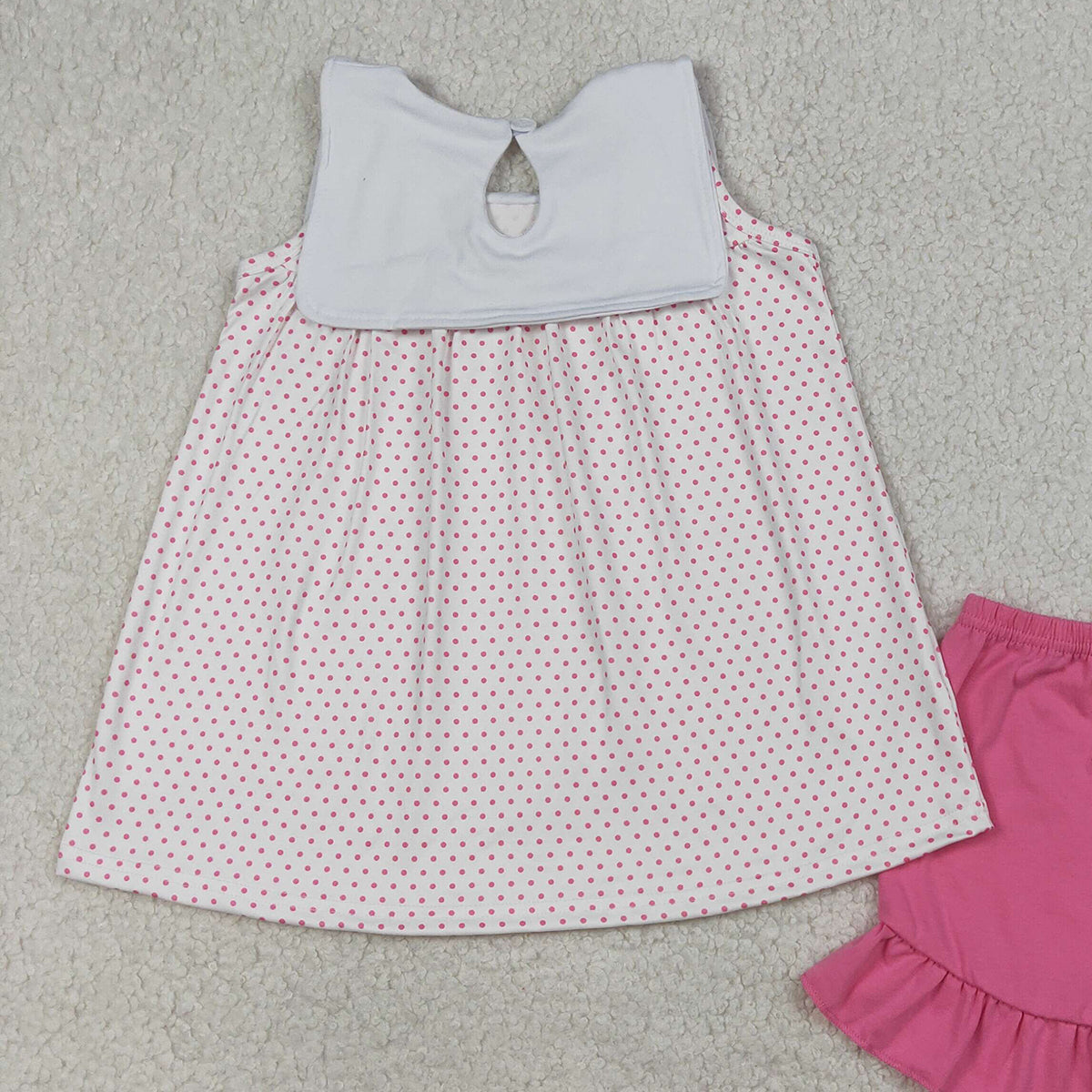 RTS NO MOQ GSSO3019 Embroidery Cross Baby Girls Polka Dots Tunic Ruffle Shorts Outfit Set Cute Girl's Clothing