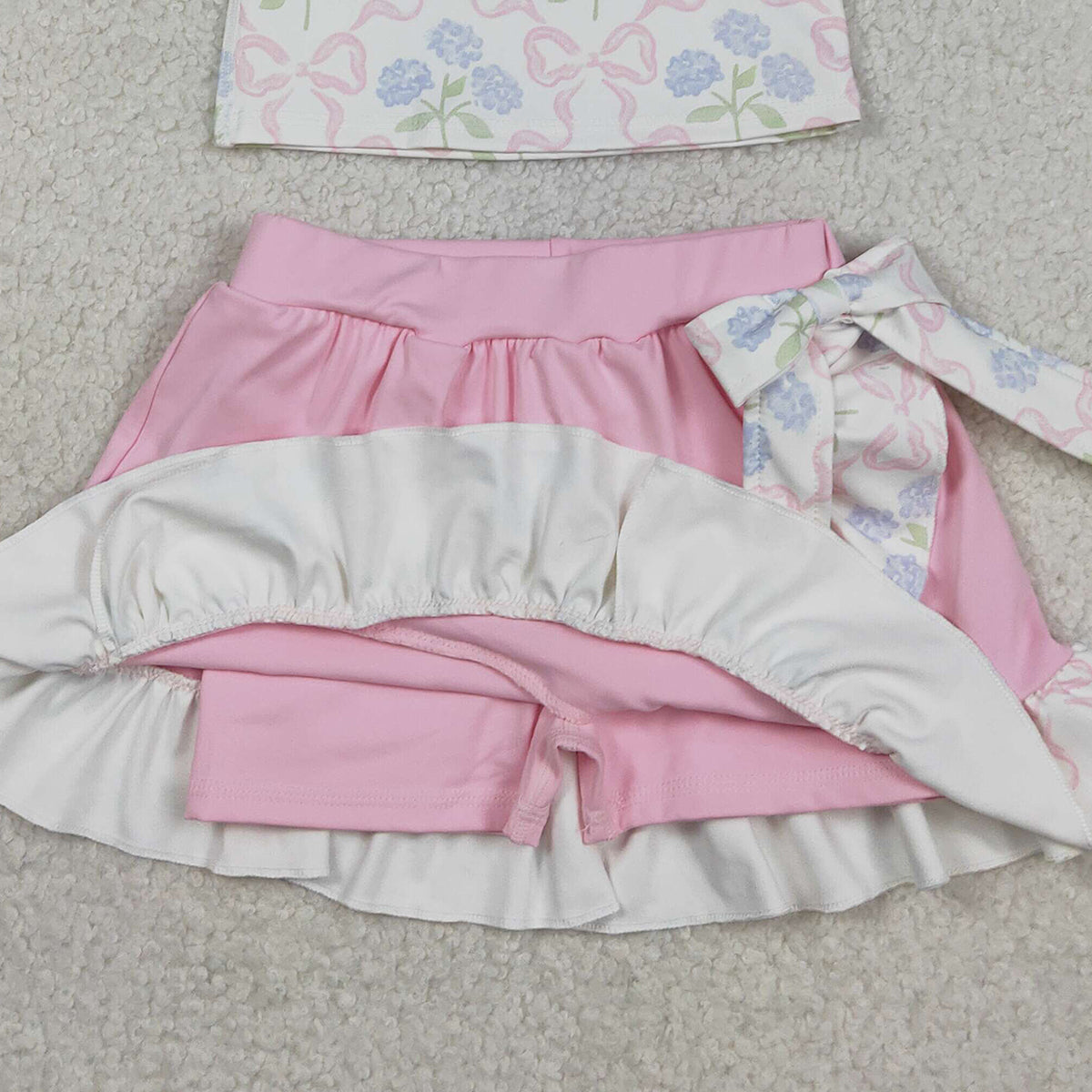 RTS NO MOQ GSD3478 Baby Girls Yoga Active Clothes Set Bows Flowers Button Vest Top Ruffle Skirt Shorts