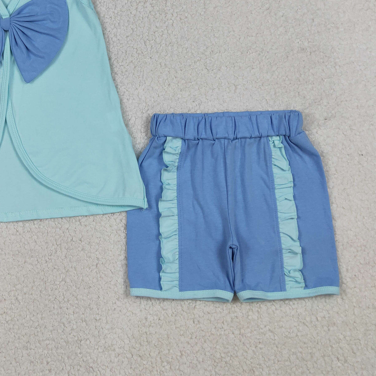 RTS NO MOQ GSSO3463 Baby Girls Blue Sleeveless Tunic with Back Bows Ruffle Shorts Outfit Set for Infants