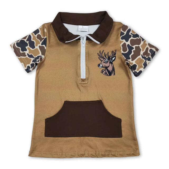 RTS NO MOQ Sibling Baby Boys Short Sleeve Southern Camo Zipper Pockets Hunting Pullovers Top