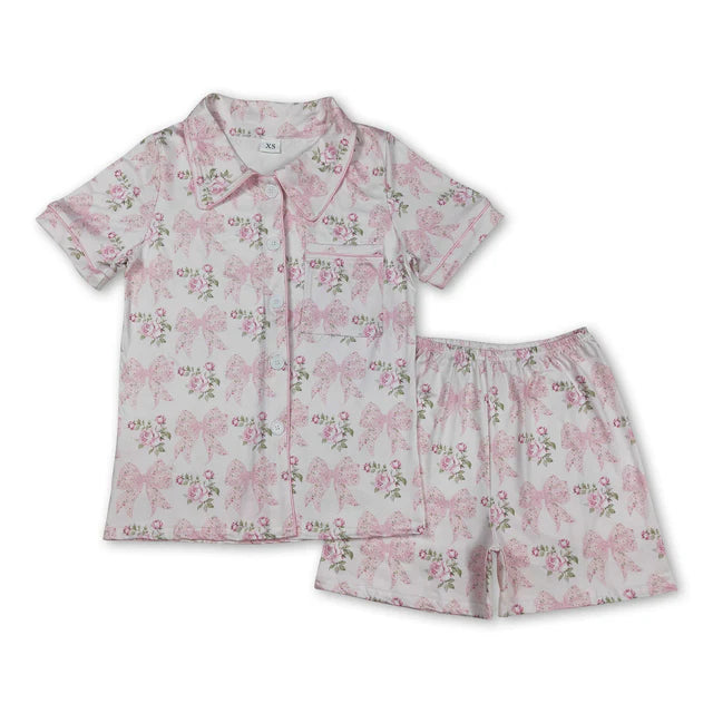 RTS NO MOQ Sibling Adult Women Colorful Bows Lapel Buttons Tops Shorts Pajamas