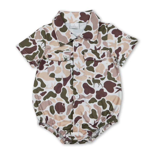 RTS NO MOQ Sibling Baby Boys Southern Orange Camo Button Pockets Rompers