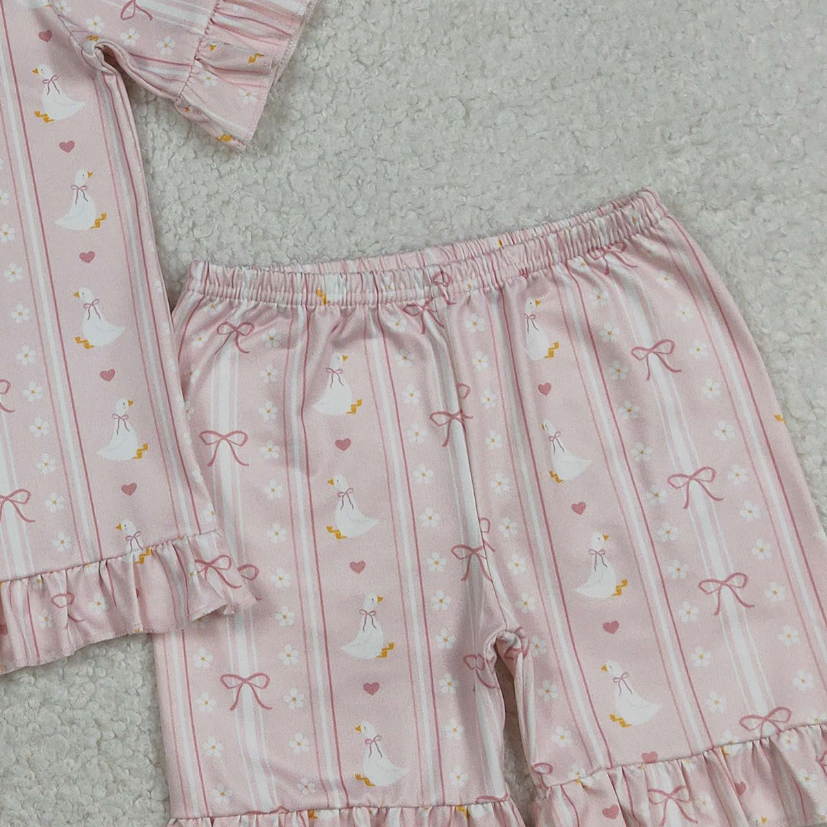 RTS NO MOQ GSSO3330 Baby Girls Bow Goose Stripe Top with Ruffle Shorts Pajamas Clothes Set Cute Infant Outfit