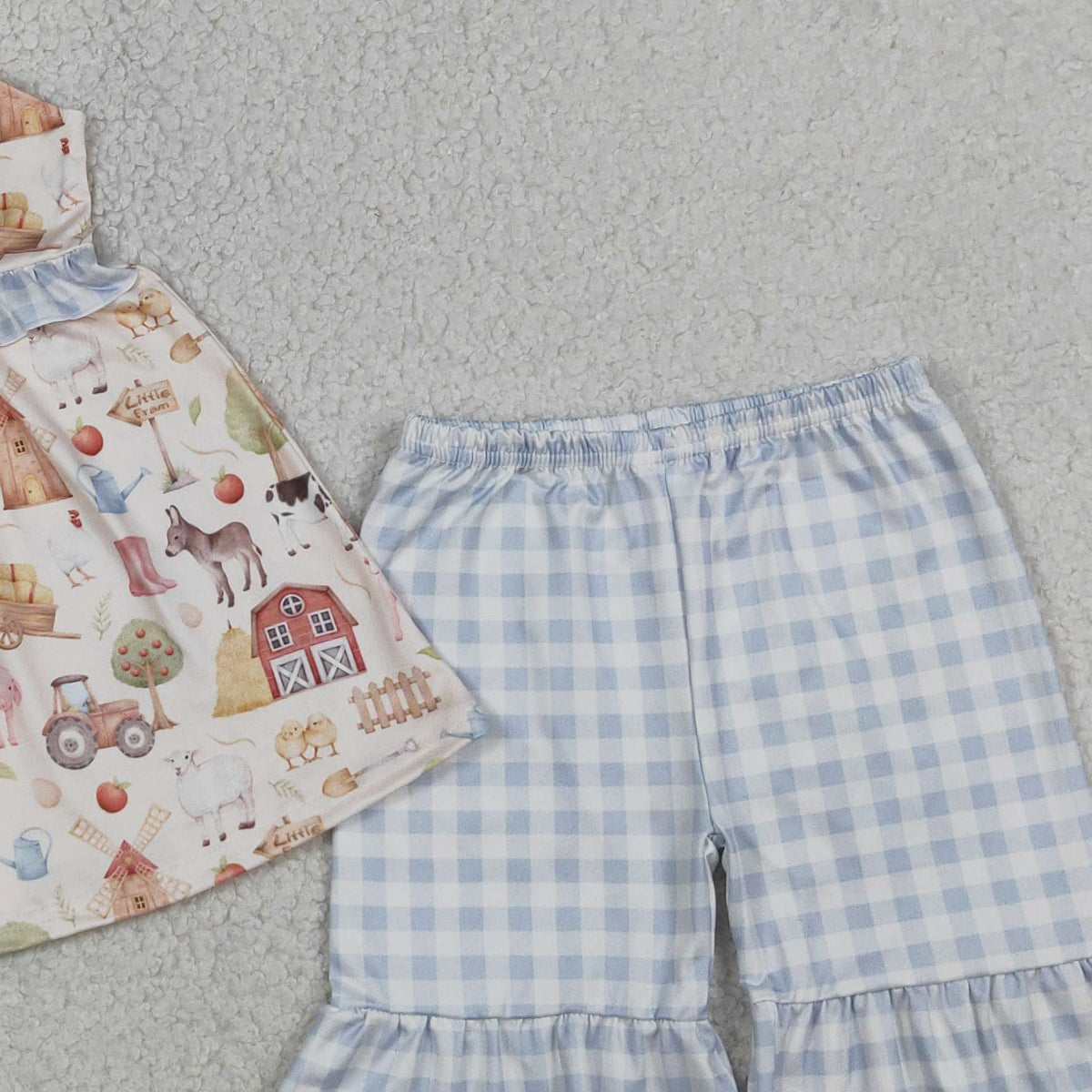 RTS NO MOQ GSSO3077 Baby Girls Farm Animal Print Sleeveless Tunic with Ruffle Checked Shorts Set Cute Pig Cow Outfit for Little Ones