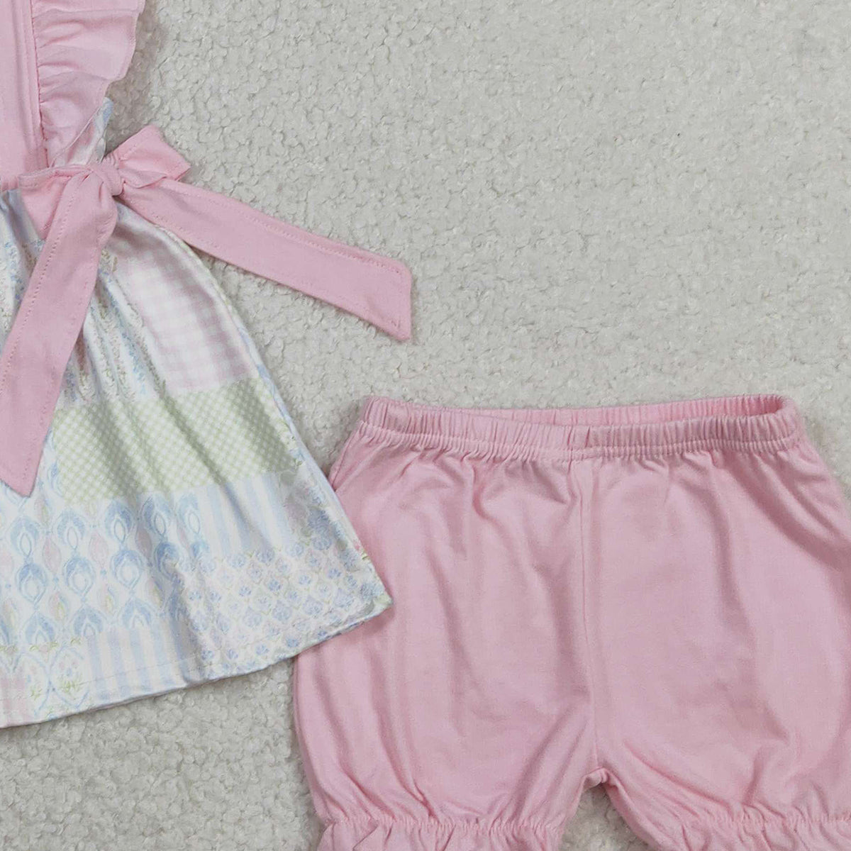 RTS NO MOQ GSSO2951 Baby Girls Plaid Tunic with Ruffle Shorts Outfit Set Bow Detail Floral Print Clothing Set for Infants