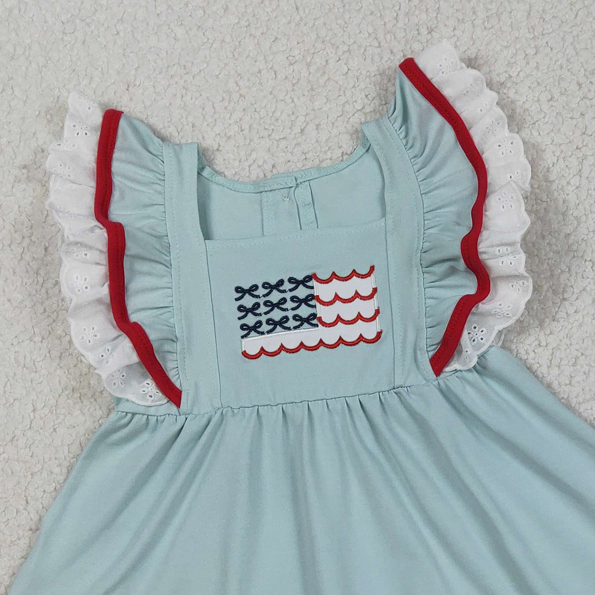 RTS NO MOQ GSSO2926 Embroidered Baby Girls' 4th of July Outfit Set with Flutter Sleeve Tunic And Ruffle Shorts