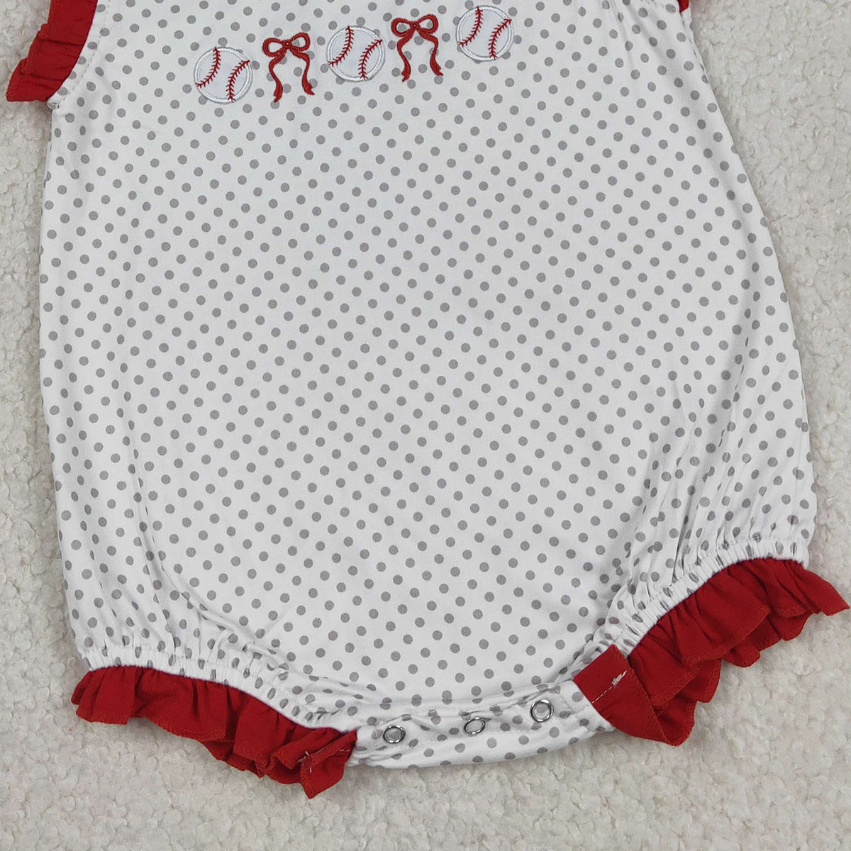RTS NO MOQ SR3581 Baby Girls Polka Dots Team Ruffle Rompers with Embroidery Bows And Baseballs