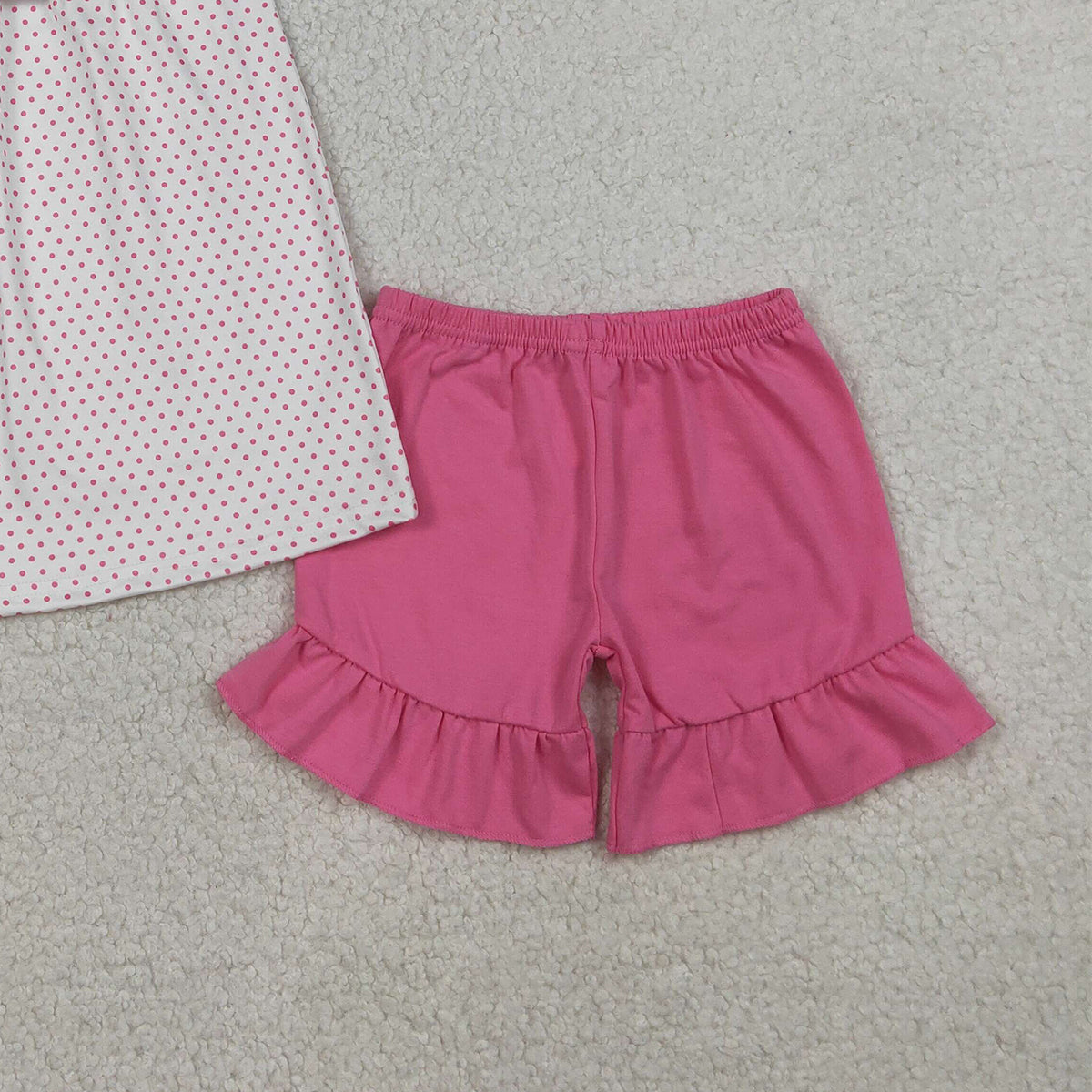 RTS NO MOQ GSSO3019 Embroidery Cross Baby Girls Polka Dots Tunic Ruffle Shorts Outfit Set Cute Girl's Clothing