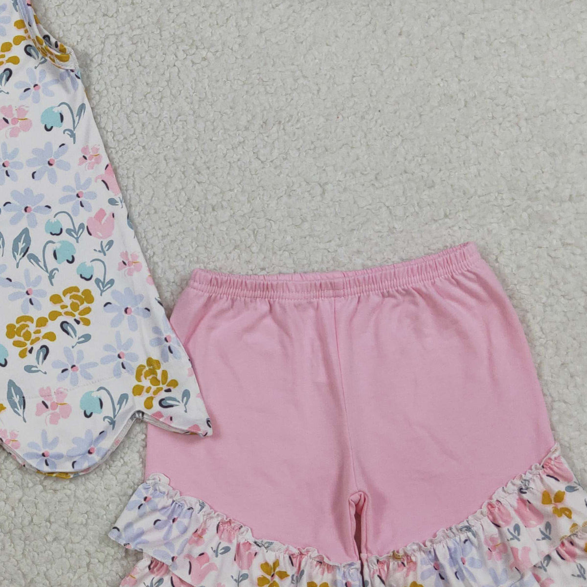RTS NO MOQ GSSO3392 Baby Girls Flowers Scallop Tunic Ruffle Shorts Outfit Set Cute Baby Girl Clothing Set