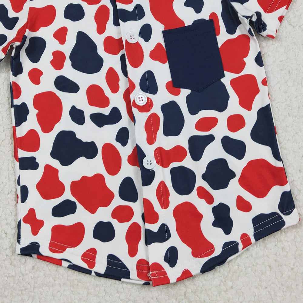 RTS NO MOQ BT1656 Baby Boys 4th of July Shirt Red Blue Cow Print Button Pocket Top for Boys