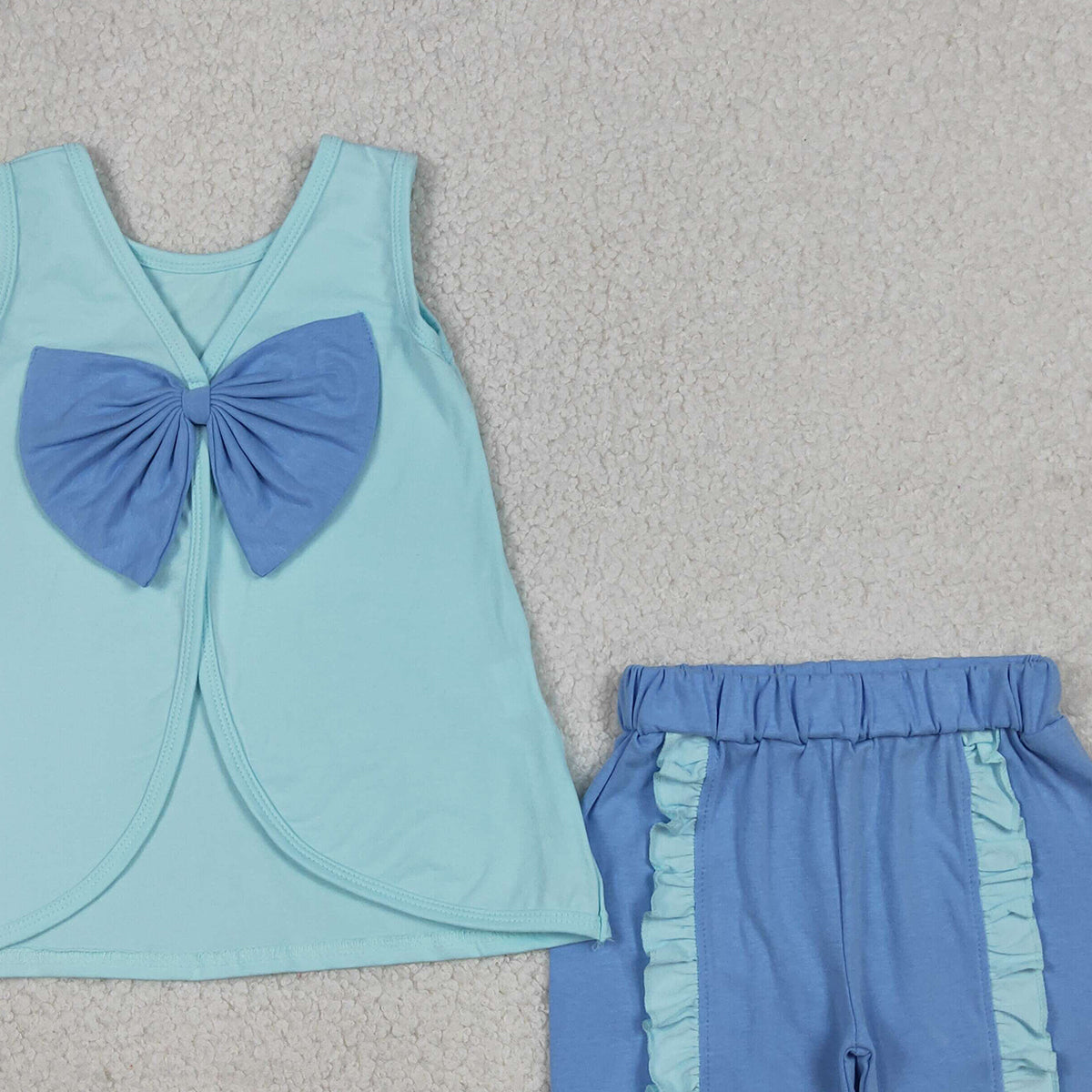RTS NO MOQ GSSO3463 Baby Girls Blue Sleeveless Tunic with Back Bows Ruffle Shorts Outfit Set for Infants