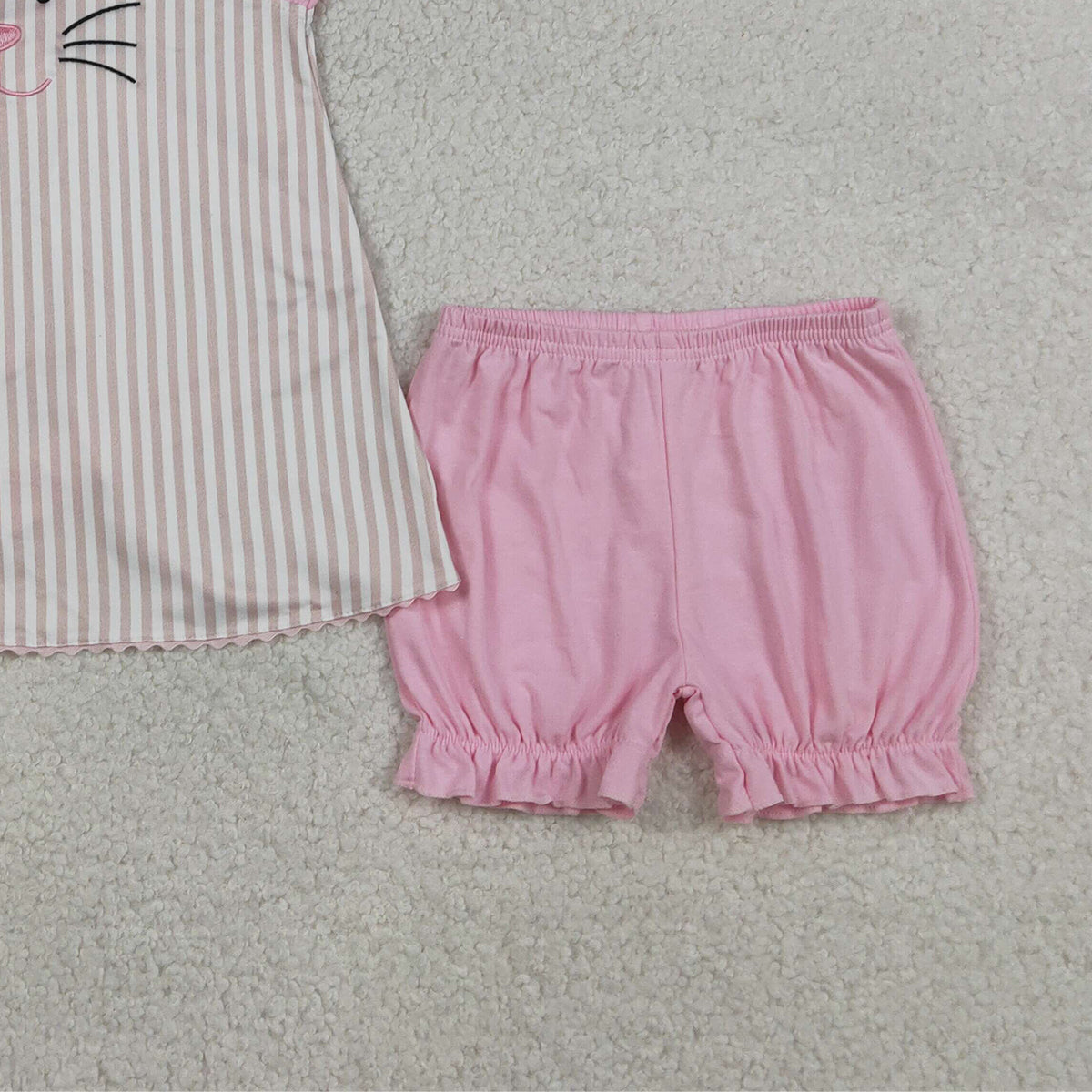 RTS NO MOQ GSSO2924 Baby Girls Easter Outfit Embroidered Rabbits Tunic with Back Bows Stripe Ruffle Shorts Set