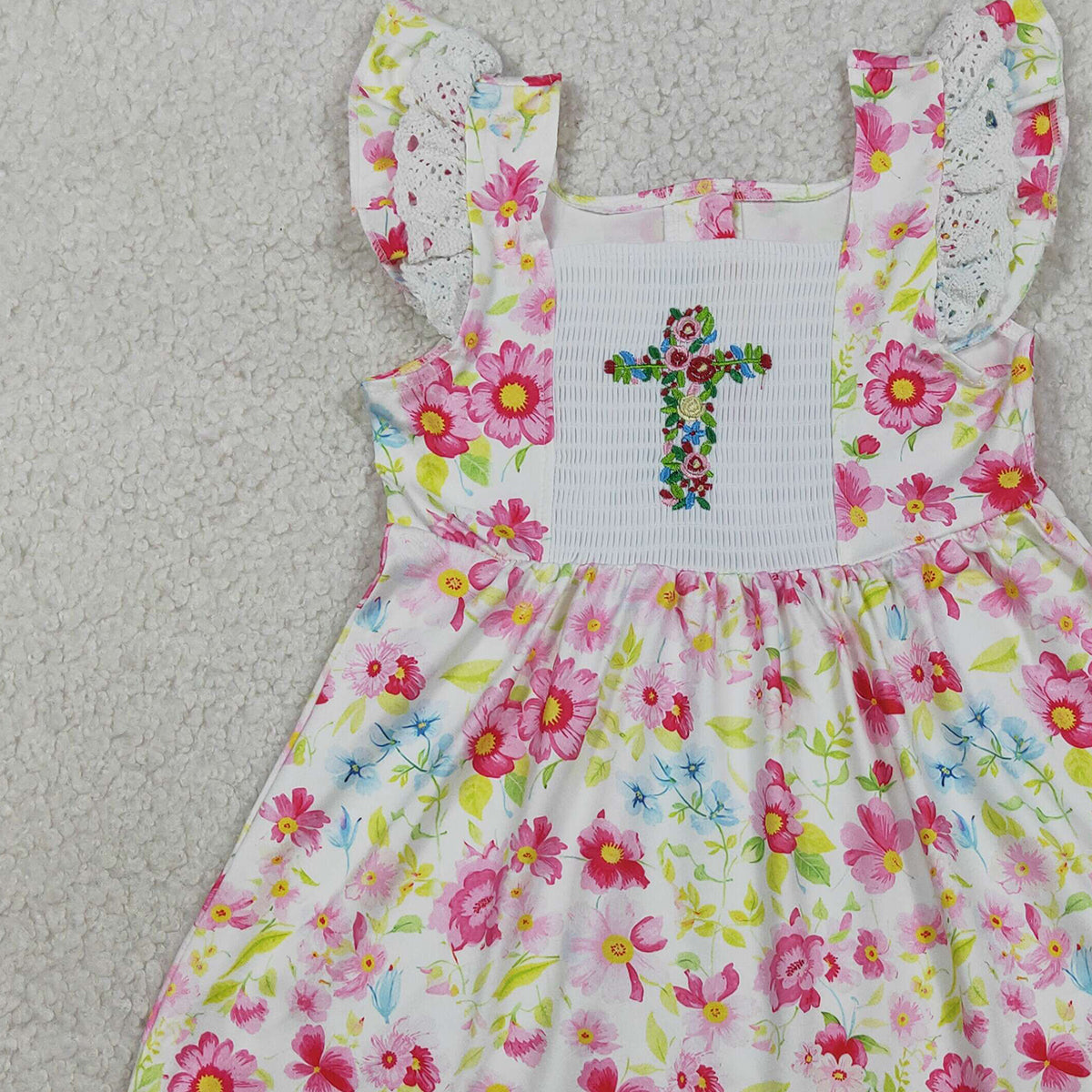 RTS NO MOQ GSD3313 Smocked Floral Cross Baby Girls Easter Lace Ruffle Knee-Length Dresses
