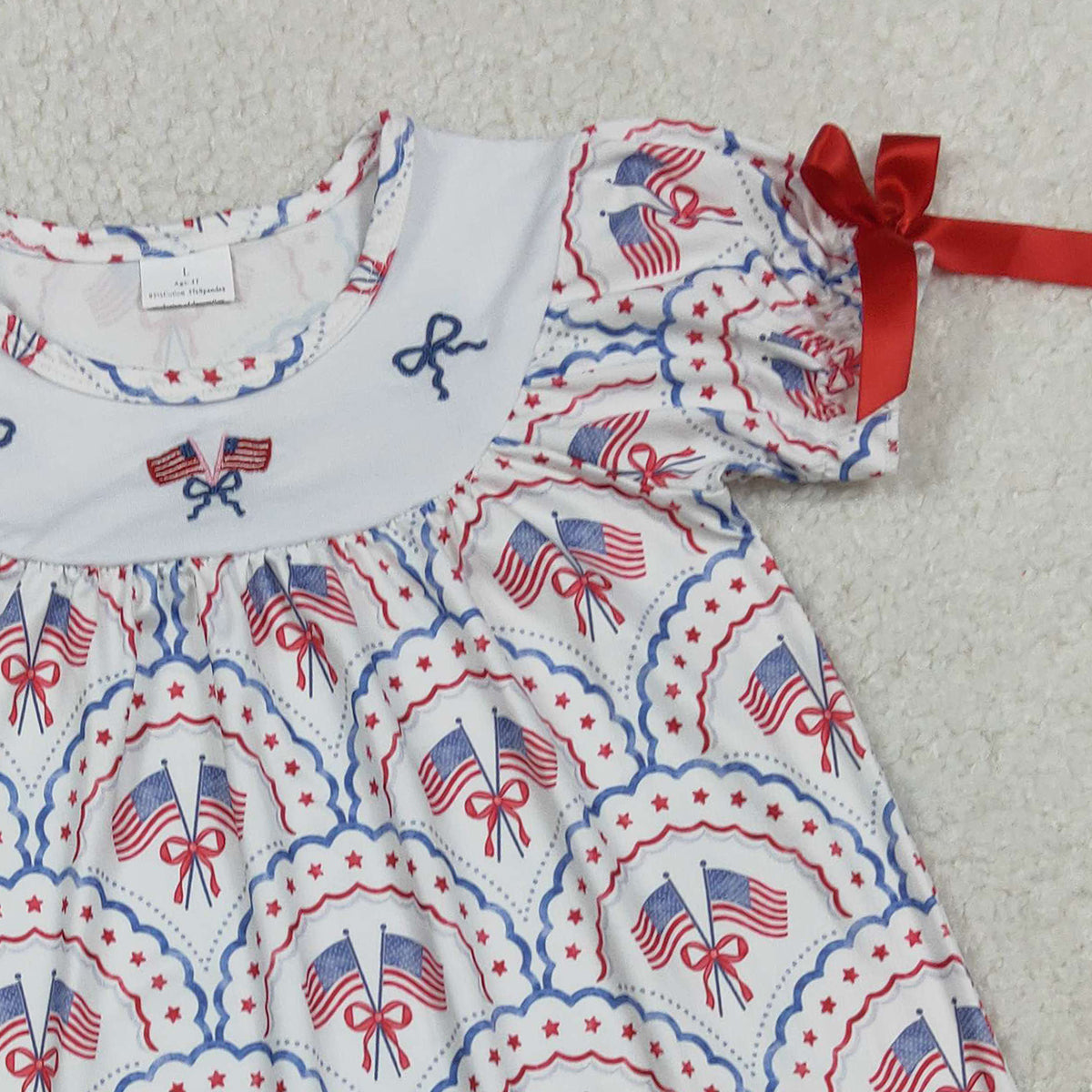 RTS NO MOQ GSD3525 Baby Girls' Checked Knee-Length Dress Embroidered Bows Flags 4th of July Outfit for Toddlers