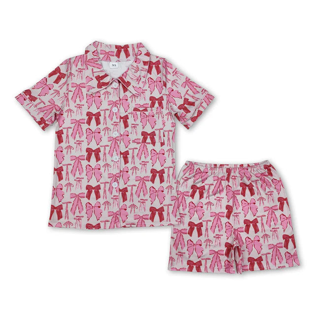 RTS NO MOQ Sibling Adult Women Colorful Bows Lapel Buttons Tops Shorts Pajamas