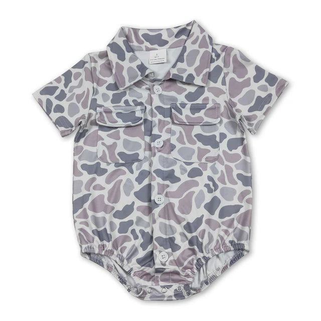 RTS NO MOQ Sibling Baby Boys Southern Orange Camo Button Pockets Rompers