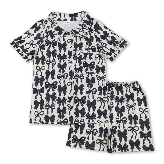 RTS NO MOQ Sibling Adult Women Colorful Bows Lapel Buttons Tops Shorts Pajamas