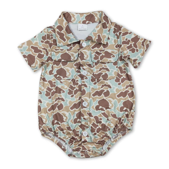 RTS NO MOQ Sibling Baby Boys Southern Camo Button Pockets Hunting Rompers