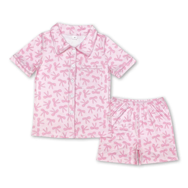 RTS NO MOQ Sibling Adult Women Colorful Bows Lapel Buttons Tops Shorts Pajamas