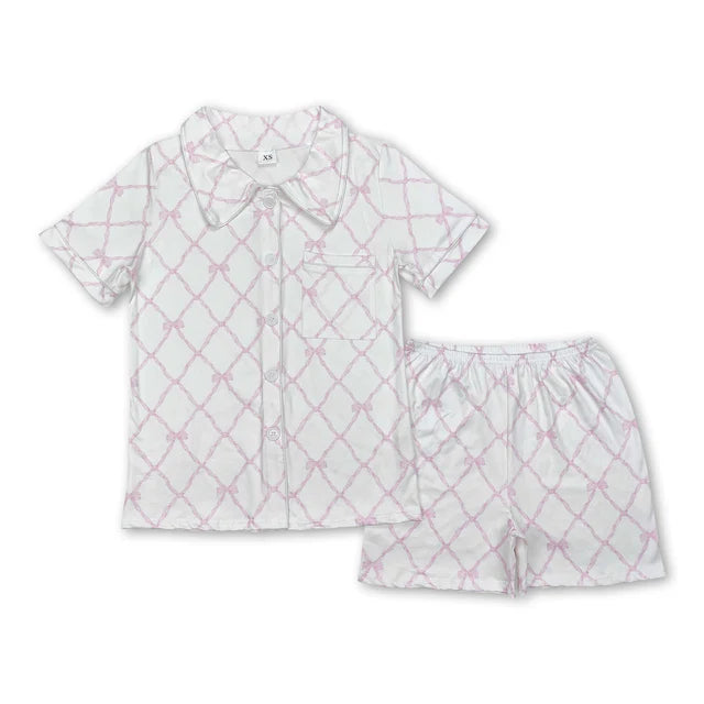 RTS NO MOQ Sibling Adult Women Colorful Bows Lapel Buttons Tops Shorts Pajamas