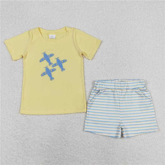RTS NO MOQ（In Stock) Embroidery Car Plane Helicopter Short Sleeve Shorts Suit