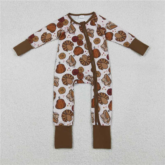 RTS NO MOQ（In Stock) Turkey Plaid Bow Pattern Zippered Long-Sleeved Bodysuit