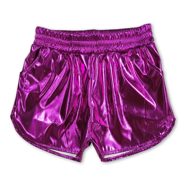 RTS NO MOQ Sibling Baby Girls  Pockets Leather Metallic Elastic Bottom Shorts