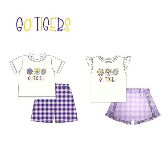 5.9custom each style moq 5eta 4-5week Sibling Sister GO TIGERS prints purple girls and boys set match family design