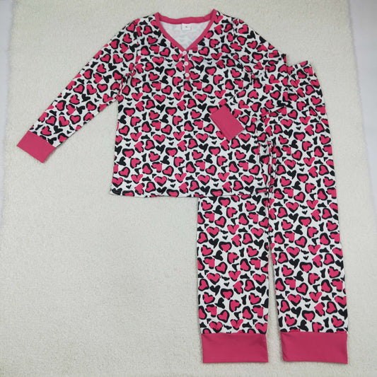 RTS NO MOQ（In Stock) GLP2826 Adult Women's Valentine's Day Heart Rose Red Long-Sleeved Pants Pajama Set