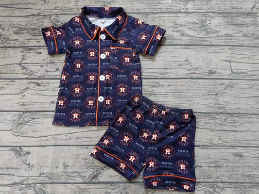 custom moq 5 eta 5weeks summer team baby boys clothes navy blue short sleeve shorts pajams set