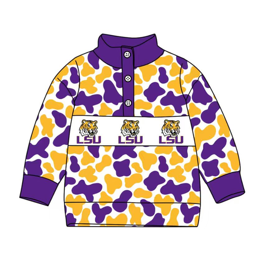 Custom moq 8 mix size milk silk summer team baby boys clothes camouflage purple long sleeve top-25.9.22