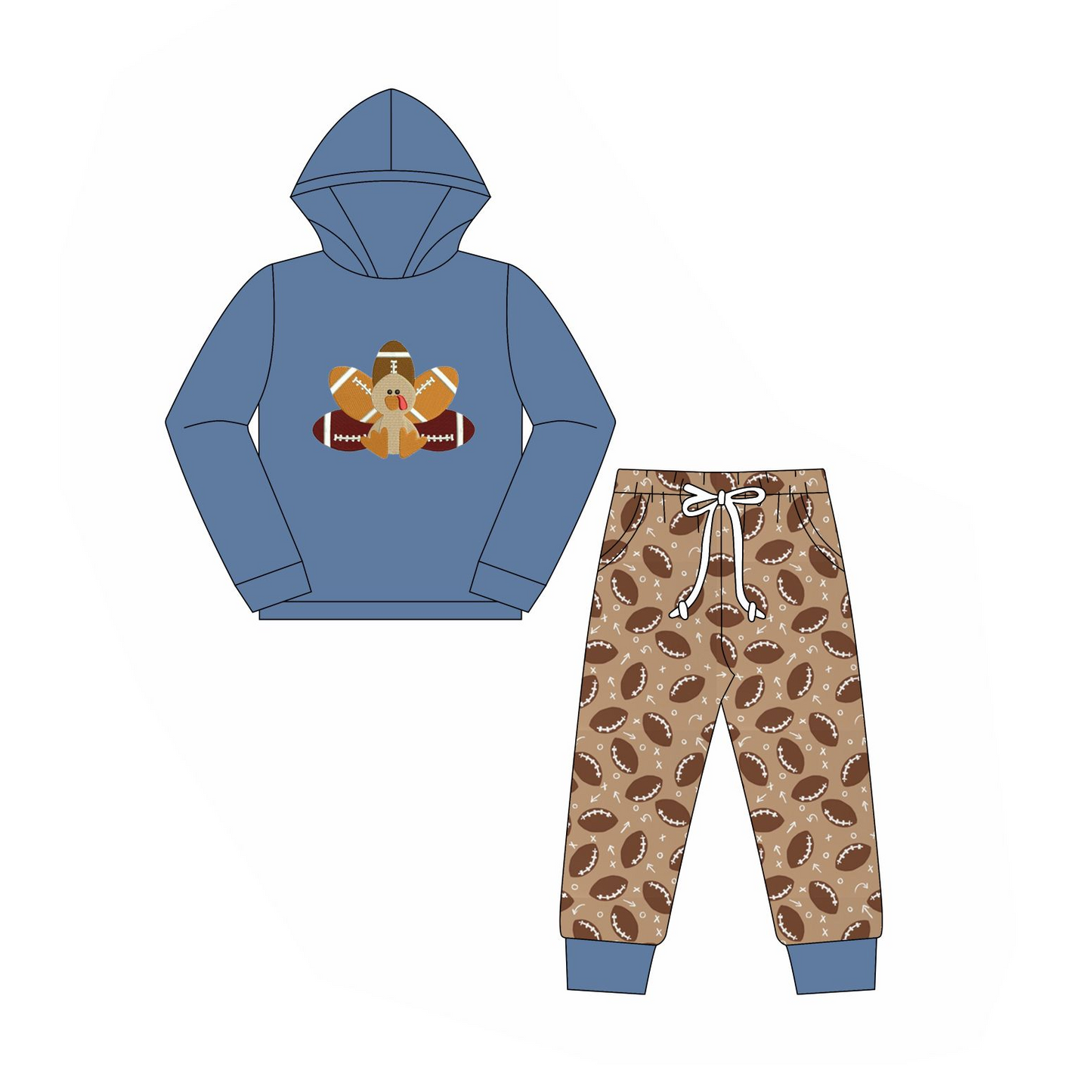 Deadline September  12  custom no moq eta 6-8weeks Embroidered Turkey Blue Grey Hooded Pullover and Rugby Brown Pants Set