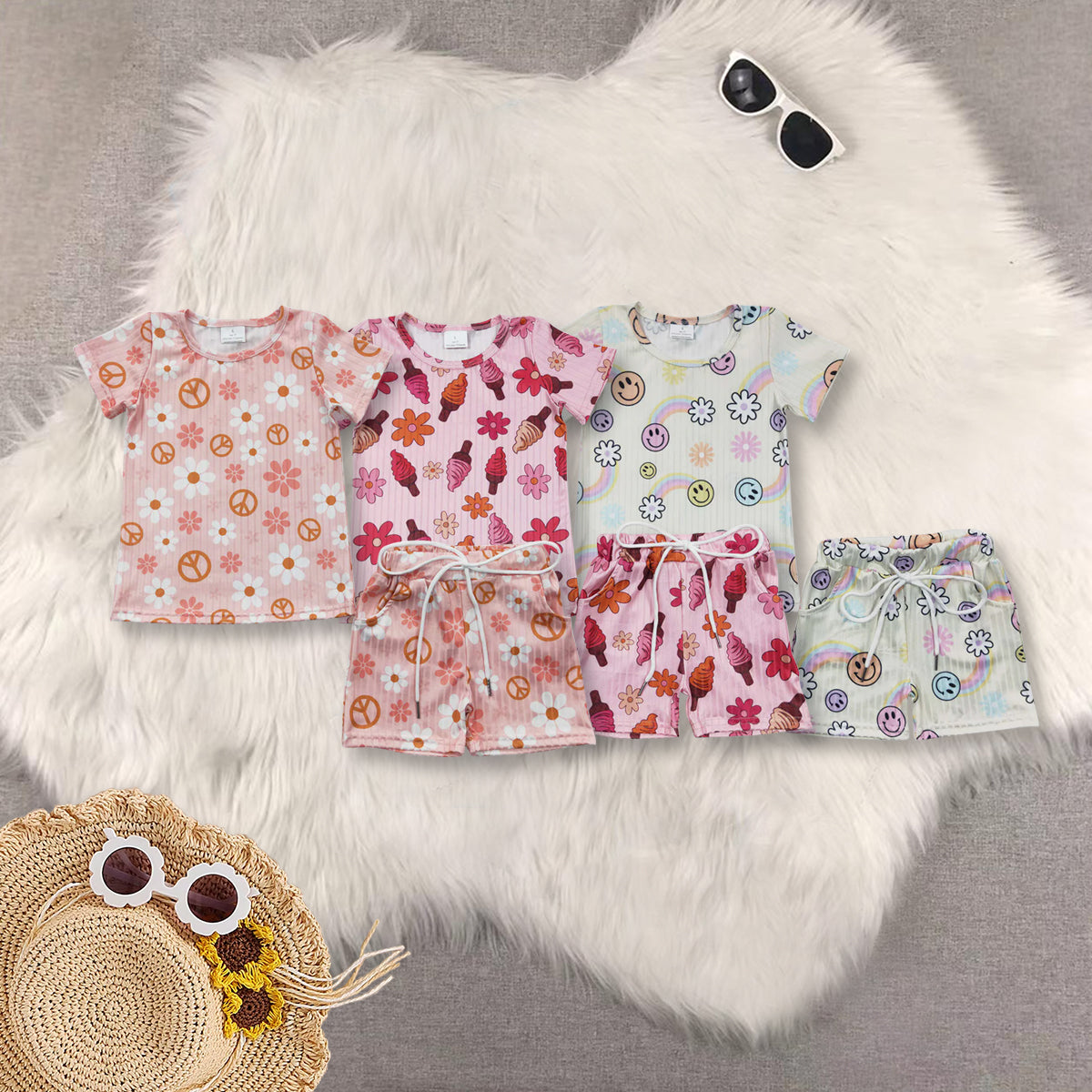 RTS summer pajamas  Girls Smiley Rainbow White Short Sleeve Shorts Set rib fabric